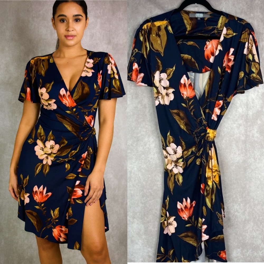 Eva Franco Faux Wrap‎ Floral Jersey Dress In Blue Women's Size 10